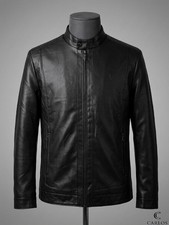 Men's Faux Leather Jacket Winter Warm Fleece Lined Stand Collar Casual Coat