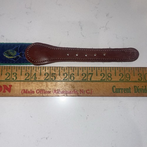 Preston Boys Belt Size 24 Leather Ribbon Canvas Brass Navy Green fish*READ - Picture 10 of 16