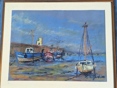 Tableau ancien paysage marin bateaux voiliers encadré signé - Photo 6 sur 16