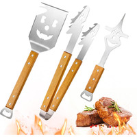 Grillbesteck Set Edelstahl 3-Teilig 39Cm Zange Holzgriff 33Cm Gabel 43Cm Wender