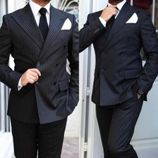 Striped Men Tuxedo Suit Double Breasted Jacket Peak Lapel Business Formal