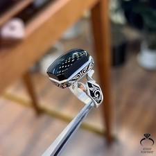 Premium Square Cut Black Yemeni Aqeeq Ring 925 Sterling Silver Jewelry