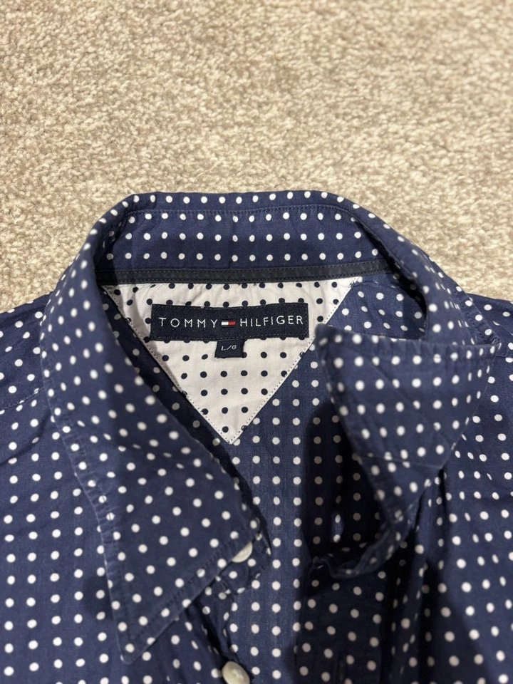 Tommy Hilfiger Navy Blue & White Polka Dot Long Sleeve Men's Shirt Large Cotton - Image 4 of 4