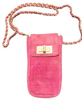 CHANEL Chocolate Bar Chain Shoulder Bag Phone Case Pouch Pink Purple Suede Auth