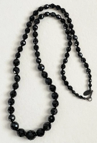 Miriam Haskell Vintage Black Lucite or Glass Jet Graduated Bead Necklace 28”