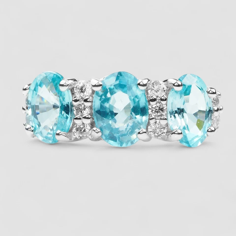 ANEL DE TRÊS PEDRAS PRATA ESTERLINA OVAL ZIRCÃO AZUL NEON 3,30 CT TAMANHO 7 - Imagem 2 de 4