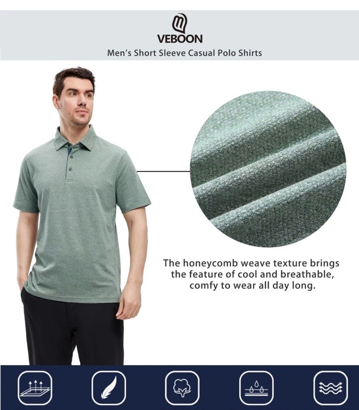 NWT VEBOON Men Polo Short Sleeve Performance Business Casual Frost Green Large image 3