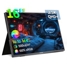 16'' 2.5K Portable Monitor, 144Hz 2560 1600P QHD Portable Laptop Monitor, HDR