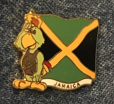 Jamica Flag Pin ~ 1987 Pan Am Games ~ Indianapolis ~ Mascot Amigo ~ green parrot