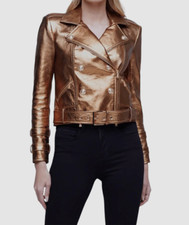 $1625 L'agence Womens Gold Asymmetrical Leather Belted Motorcycle Jacket Size Xs