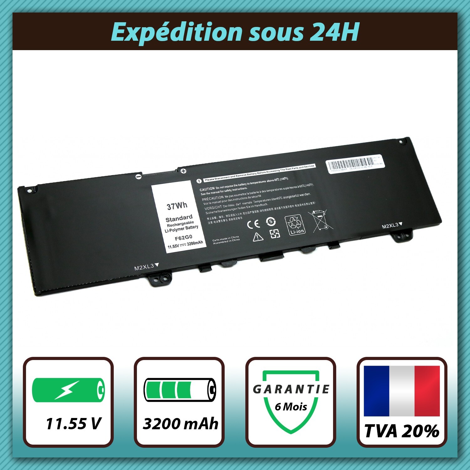 Batterie F62G0 résout panne charge Dell Inspiron 13-7373 11.55V 3200mAh