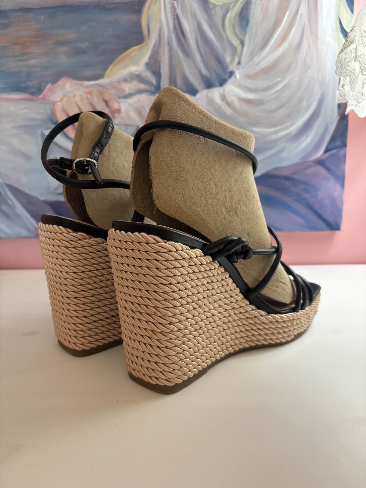 APL Scarpa donna Marc Fisher taglia 7M nera pelle punta aperta zeppa sandalo tacco alto