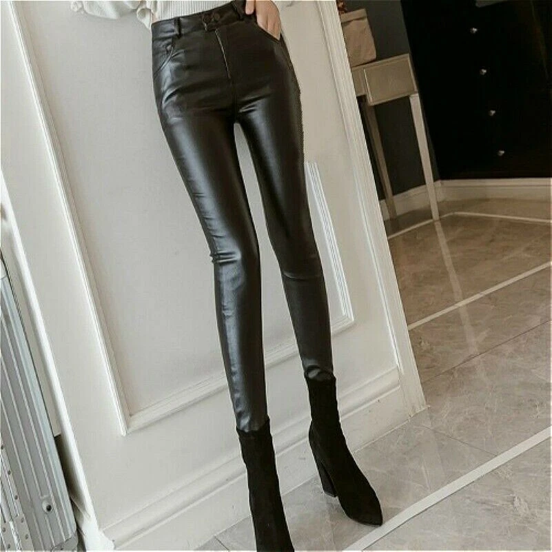 Women Faux Leather Pants Trousers Leggings PU Slim High Waist