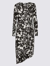 M&S Floral Print Cowl Neck Bodycon Midi Dress - Size 22 Black & White New