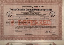 Action Franco Canadian General Mining Corporation 5$ 1929