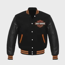 Men’s Harley Davidson Varsity Jacket Black Wool & Black Leather Sleeves