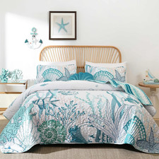 Coastal Quilts Bedding Set Queen Size, Summer Green Fish Coral Nautical Bedding