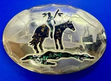 Native American Indian Chief Horseback Turquoise Chip Inlaid Belt Buckle- Mexico
