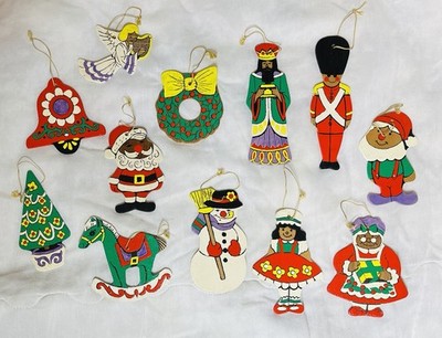 Vintage Hand Painted Wooden Christmas Ornaments Lot of 12 Double Sided Balsa