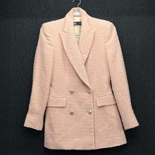 Zara Womens Pink Tweed Boucle Double Breasted Blazer Silver Crest Buttons S