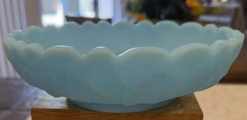 Vintage Blue Satin Glass Fenton Floral  Dish Vase Candle Holder W Scallop Edge