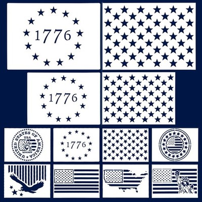 12Pcs Large American Flag & Map Stencil Set - Reusable Templates for Painting, A