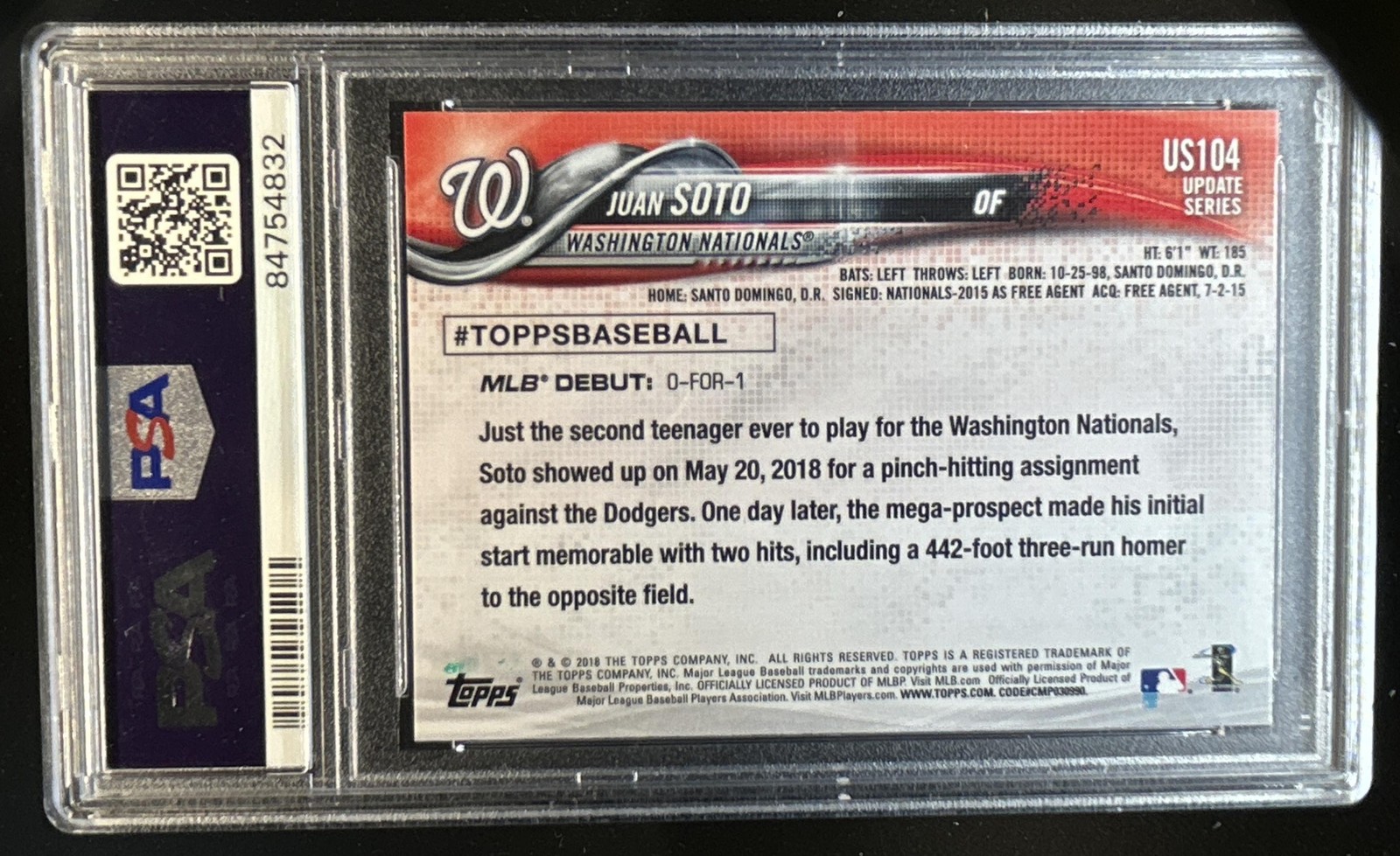 2018 Topps Update Juan Soto Rookie RC #US104 Nationals PSA 9 view 2