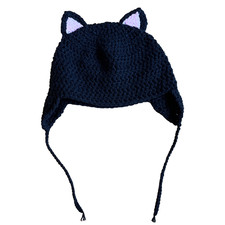 Black Knit Beanie with Pink Cat Ears Winter Hat Handmade Soft