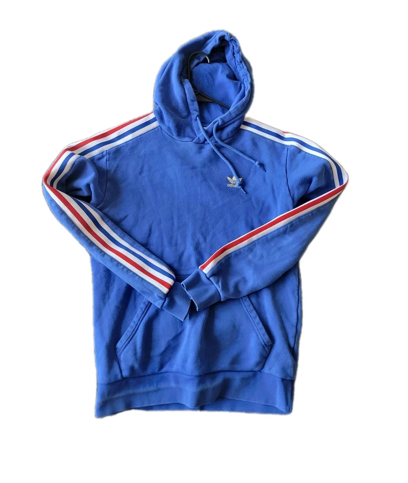 1990s Adidas Blue Hoodie Pullover Men's Small Sleeve Stripe Trefoil Blue - Image 2 of 4