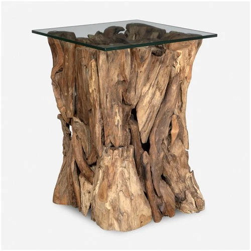 Uttermost 50064 Rozel 17" Square Glass and Teak Accent Table - Clear - Picture 6 of 6