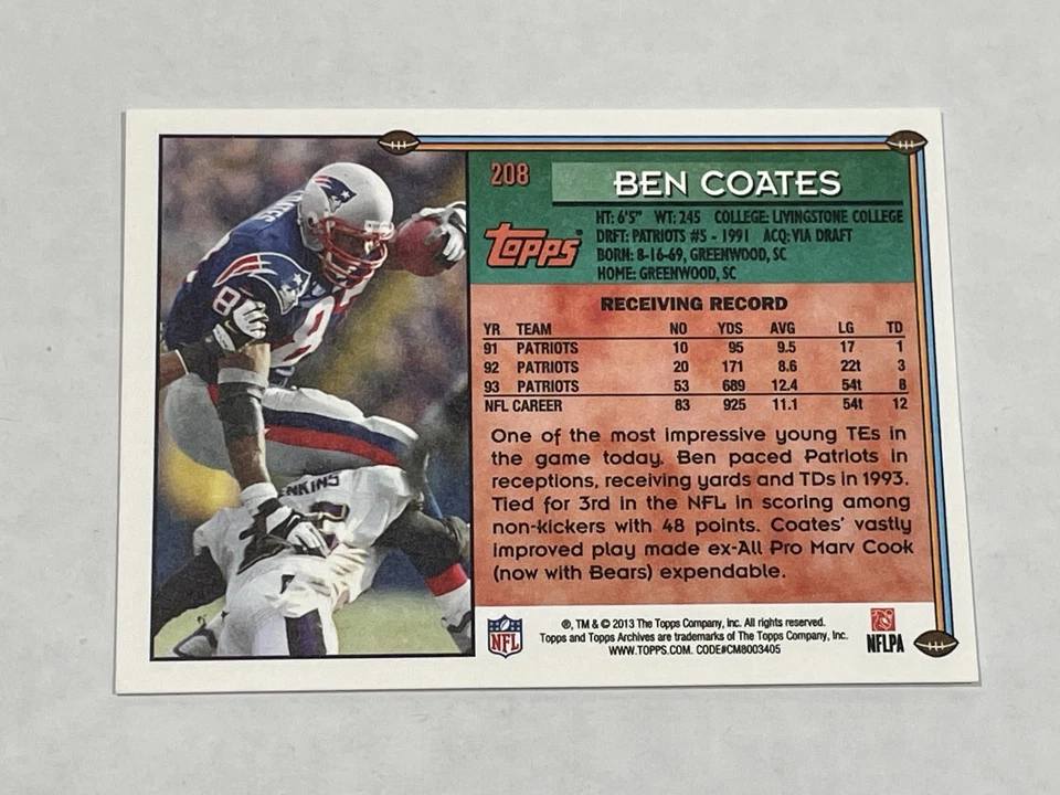 2013 Topps Archives Football Short Print - Ben Coates SP - New England Patriots - Image 2 of 2