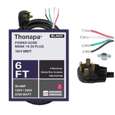 3 Prong Dryer Extension Cord, Black - 6 Foot Power Cord, 10/3 SRDT, 30 Amp