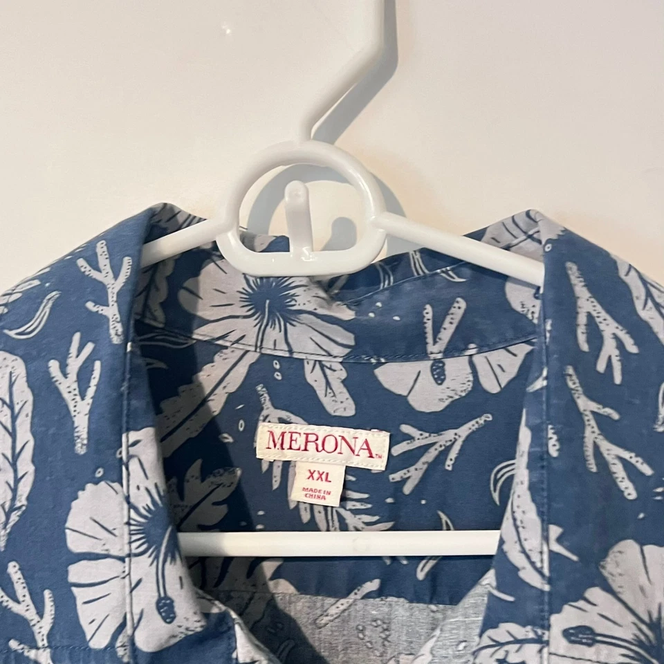 Merona Mens Hawaiian Shirt Size 2XL Blue Grey Floral Chambray Short Sleeve - Image 2 of 4
