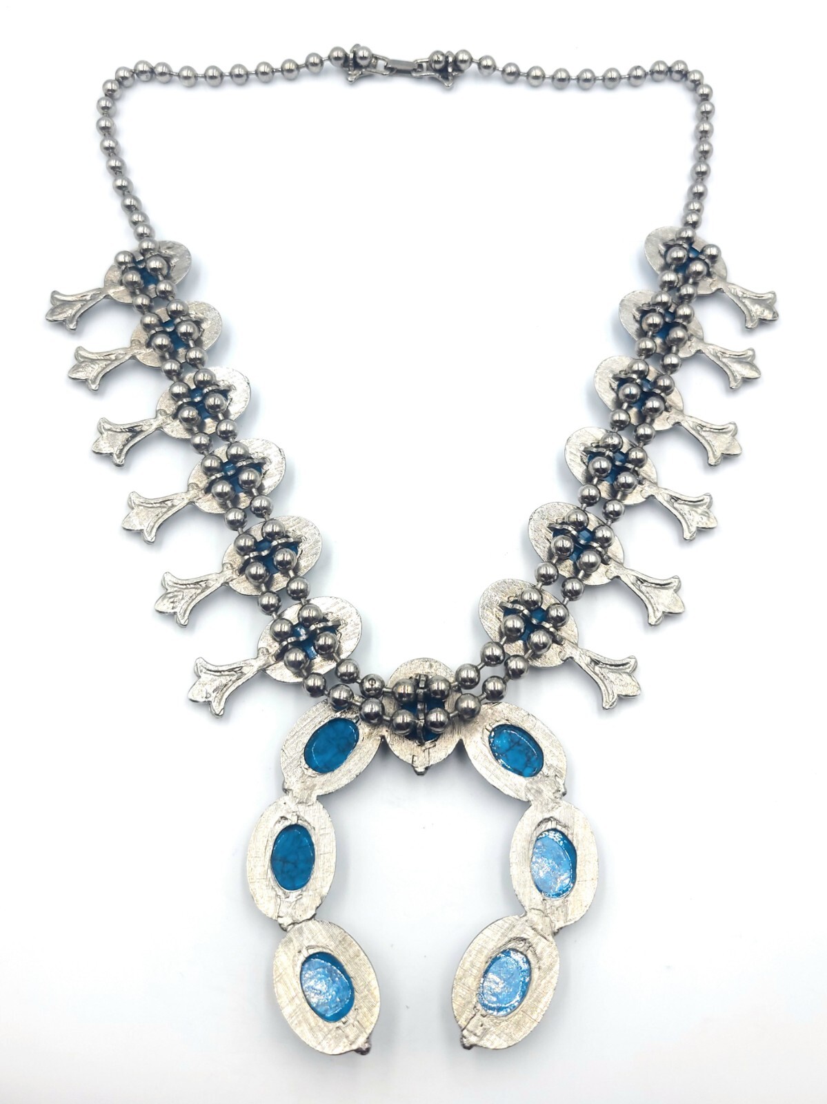 Vtg Unsigned Goldette Faux Turquoise Silver Tone Heavy Squash Blossom