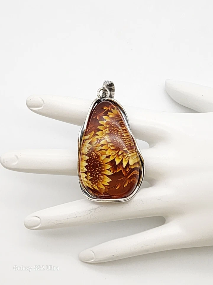 LG NUEVO. COLGANTE GIRASOL INTAGLIO ÁMBAR NATURAL TALLADO A MANO PLATA DE LEY 925 Foto 2 de 4