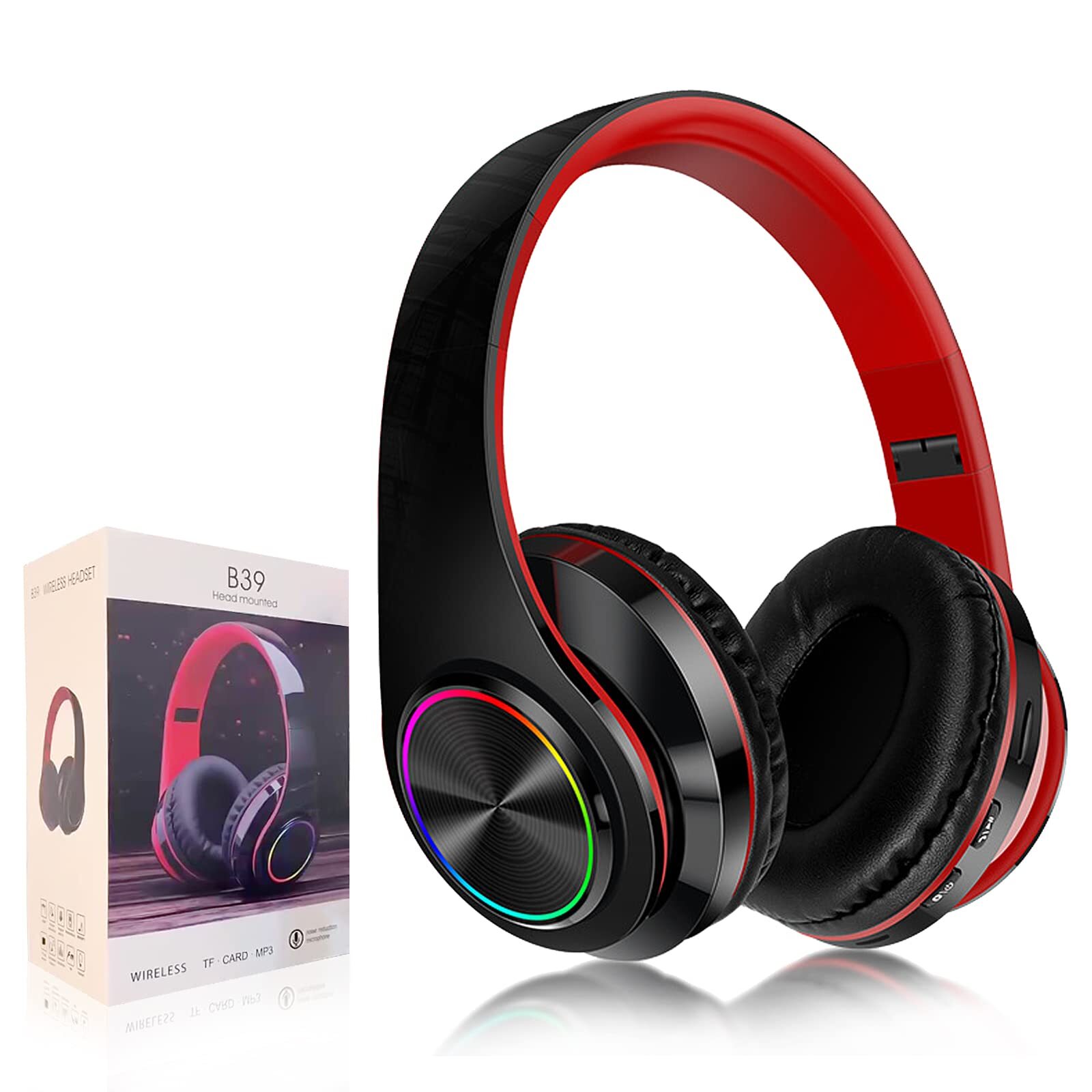 YTDTKJ Foldable Bluetooth Over-Ear Headphones with LED Lights and Built-in Mic