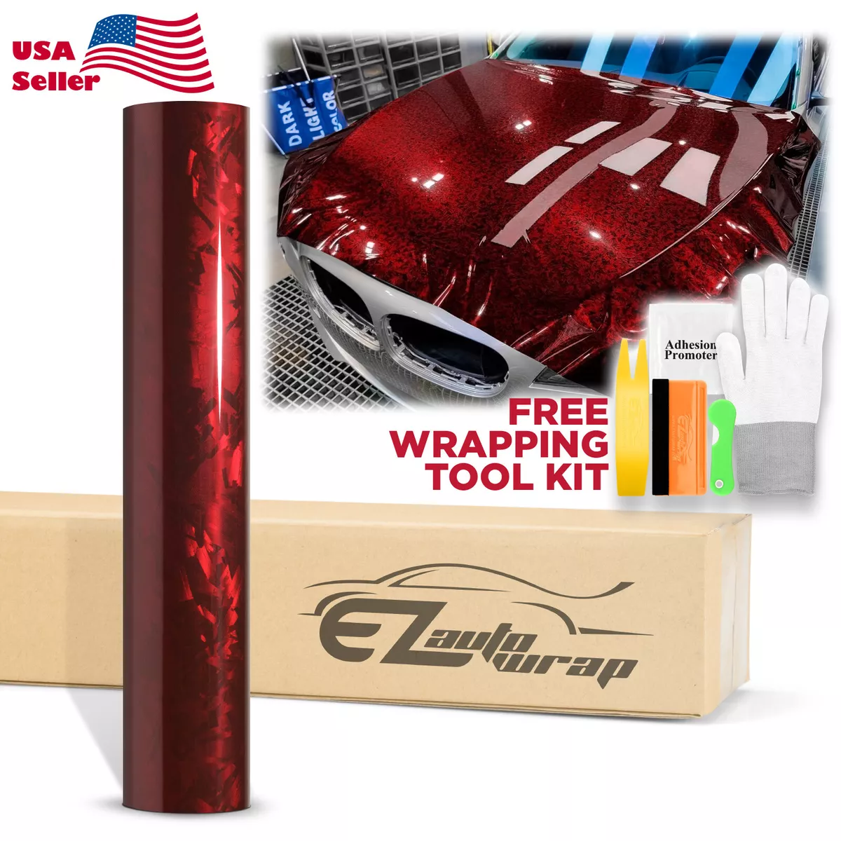 24K Chopped Forged Carbon Fiber Gloss Dark Red Car Vinyl Wrap Sticker Decal  Film