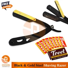 Professional Barber Salon Black & Gold Latch Bread Shaving Razor Straight Edge