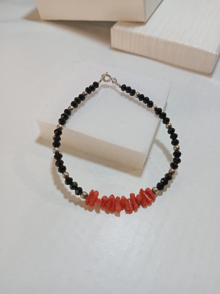 Bracciale Corallo E Onice Nero Innesti Argento 925 - Immagine 4 di 4