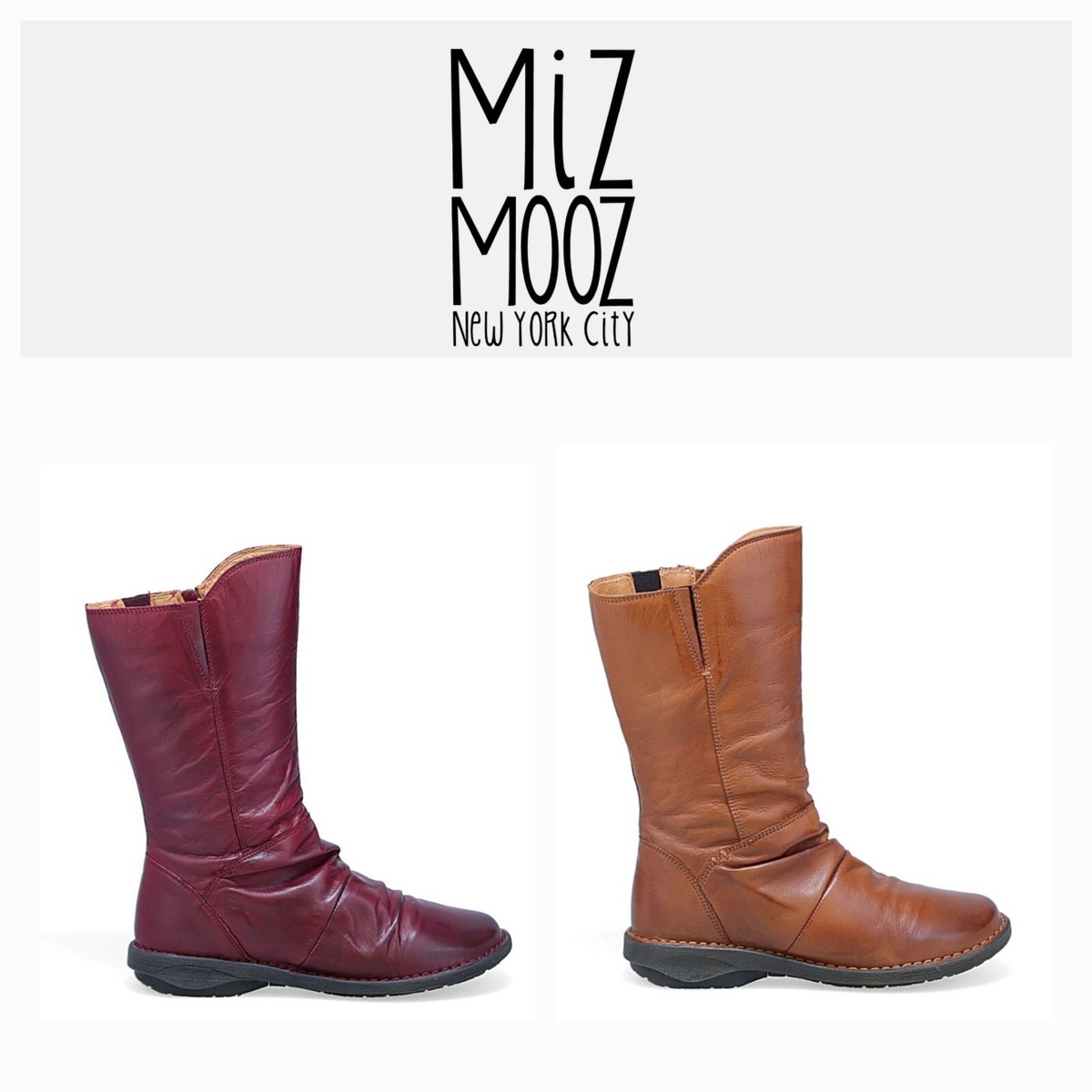 🔥Miz Mooz NYC Pass Leather Ruched Mid Boots, EU39/US8.5-9, Brandy