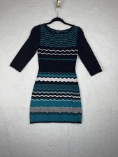 VTG 90’s Nine West Sz XS Teal  Jade Black Striped 3/4 Sleeves Knit Sweater Dress