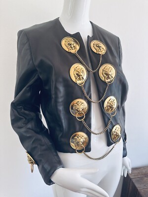 Moschino Jacket Vintage 1989 Gold Chain Lion's Head Black Lamb