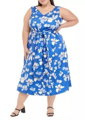 NEW ANNE KLEIN BLUE WHITE FLORAL COTTON BELTED MIDI DRESS SIZE X