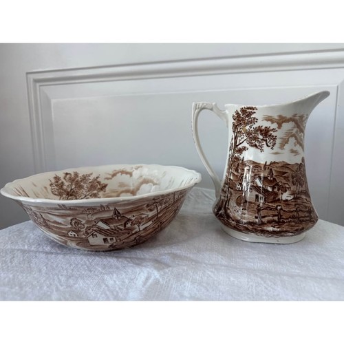 Vintage Alfred Meakin “Reverie” Staffordshire England Brown Bowl & Pitcher Set