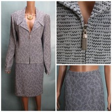 St. John Collection Knit Blue Black Jacket Skirt L Size 14 12 Zipper Collared