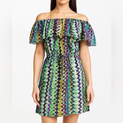 Alexis 100% Silk Off Shoulder Ruffle Mini Dress M Multicolor Chevron Made in USA