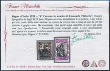 1928 ITALIA EMANUELE FILIBERTO LIRE 10 + 20 N. 237/238 USATI CERTIFICATO - 926