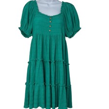 Easel Puff Sleeve Tiered Mini Babydoll Dress Green Small Flowy Romantic Boho NWT