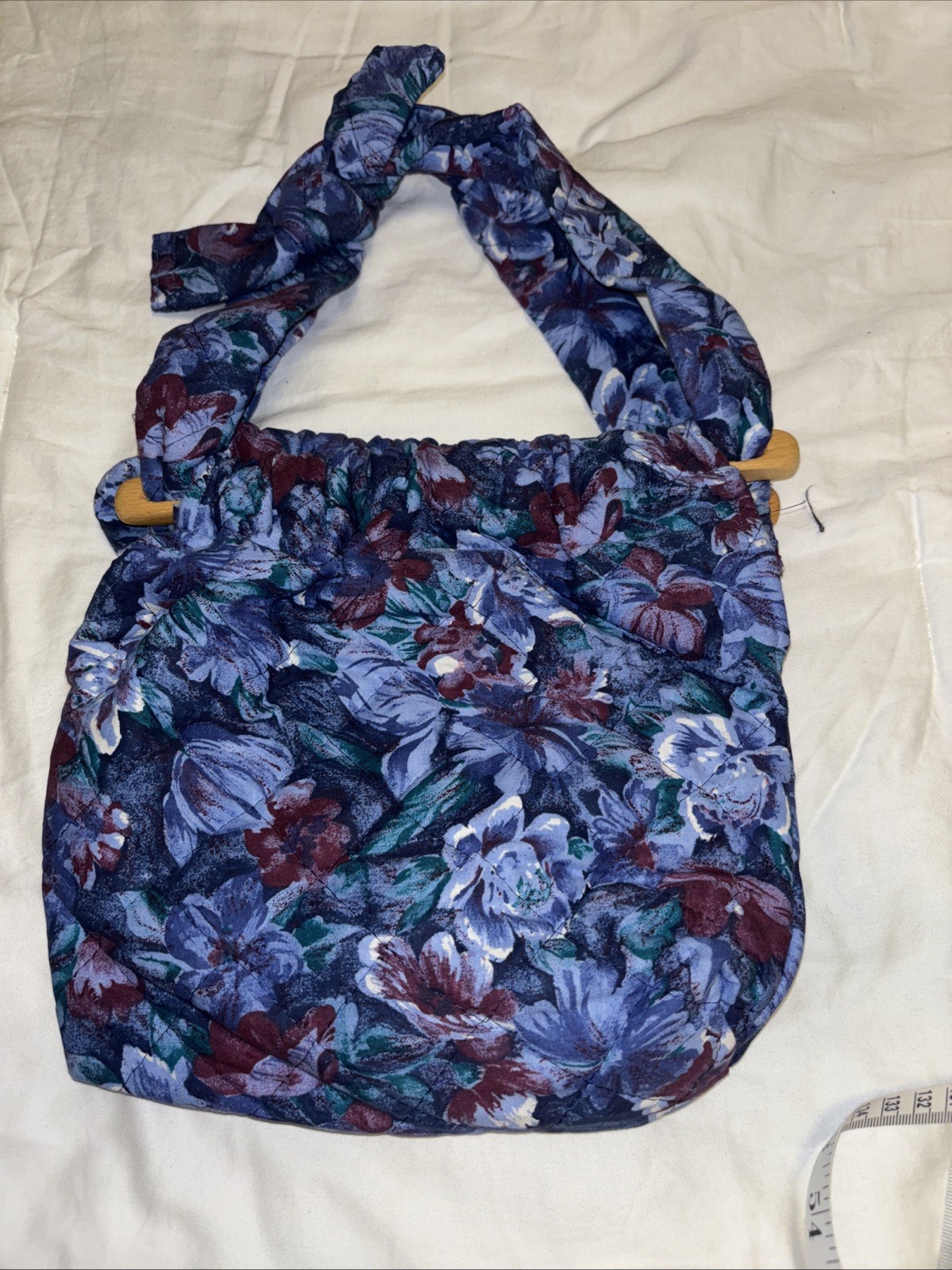 Multicolor Purple Handmade Cloth Bag Wood Handle 10x10 16”