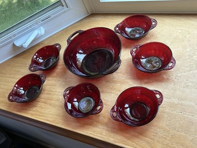 Vintage Anchor Hocking Coronation Red Ruby Salad Bowl Set of 7 Depression Glass